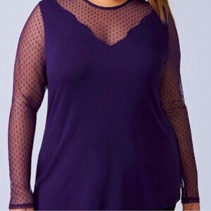 Lane Bryant purple polka dot mesh scalloped V-neck and sleeves, top. Size 14/16.